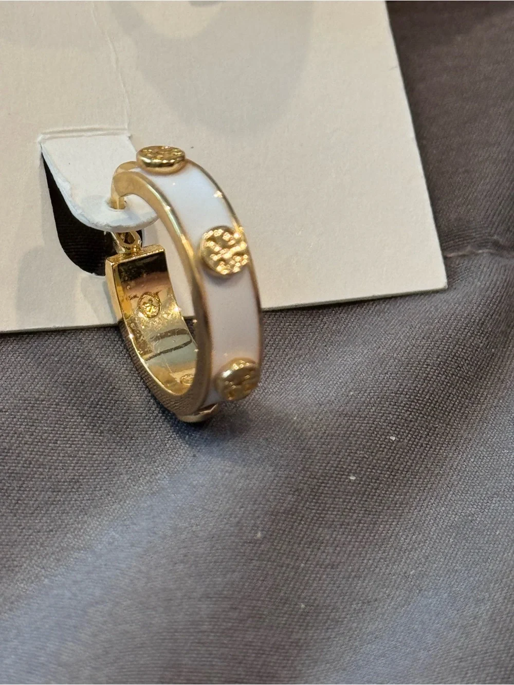 Tory Burch Gold and White Enamel Logo Accent Hoop Earrings